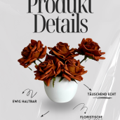 Modernes Kunstblumen-Gesteck mit 7 großen Premium Real Touch Rosen in einer edlen Keramikschale.