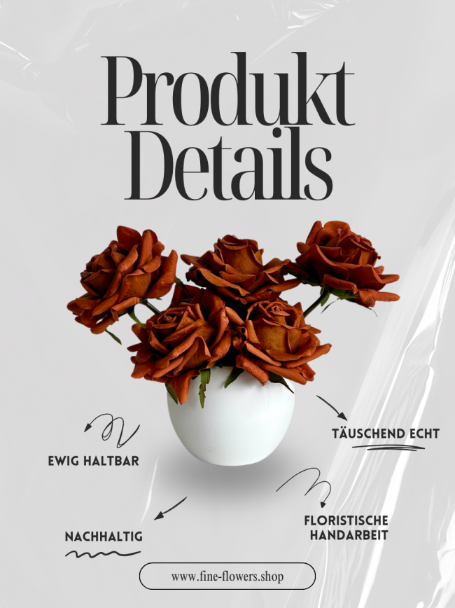 Modernes Kunstblumen-Gesteck mit 7 großen Premium Real Touch Rosen in einer edlen Keramikschale.